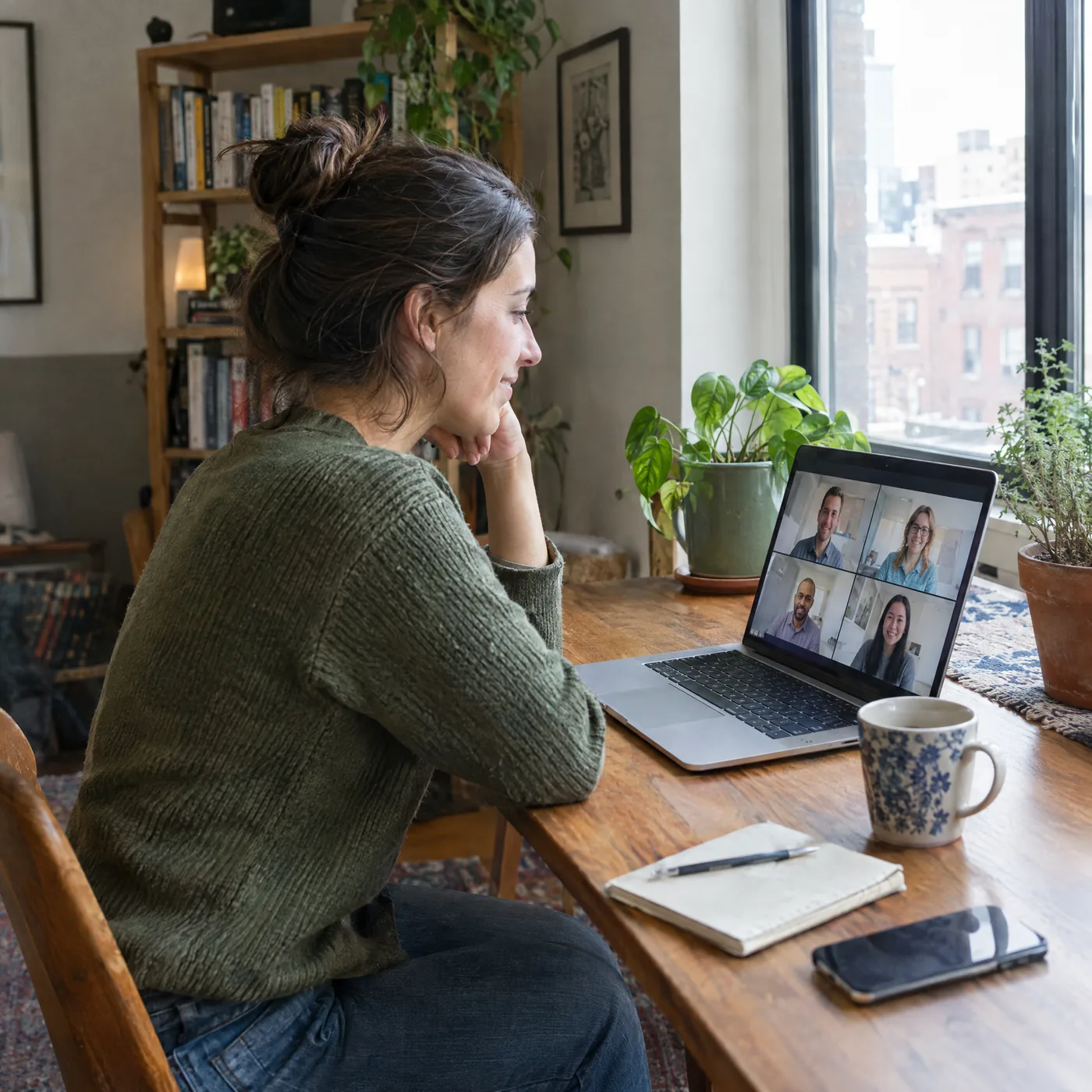 Mitarbeiterin von GrisaKI arbeitet im Homeoffice per Videokonferenz mit dem Team