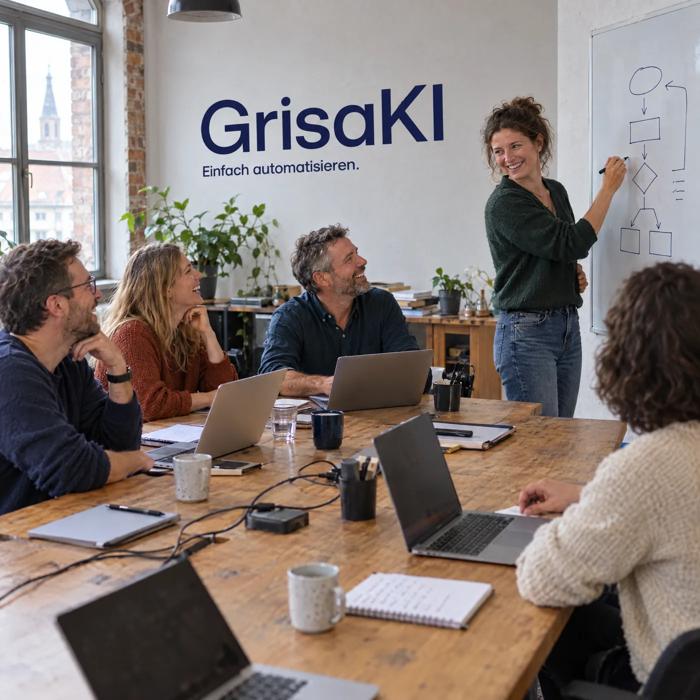 Team von GrisaKI bespricht einen Ablauf am Whiteboard, an der Wand das GrisaKI-Logo