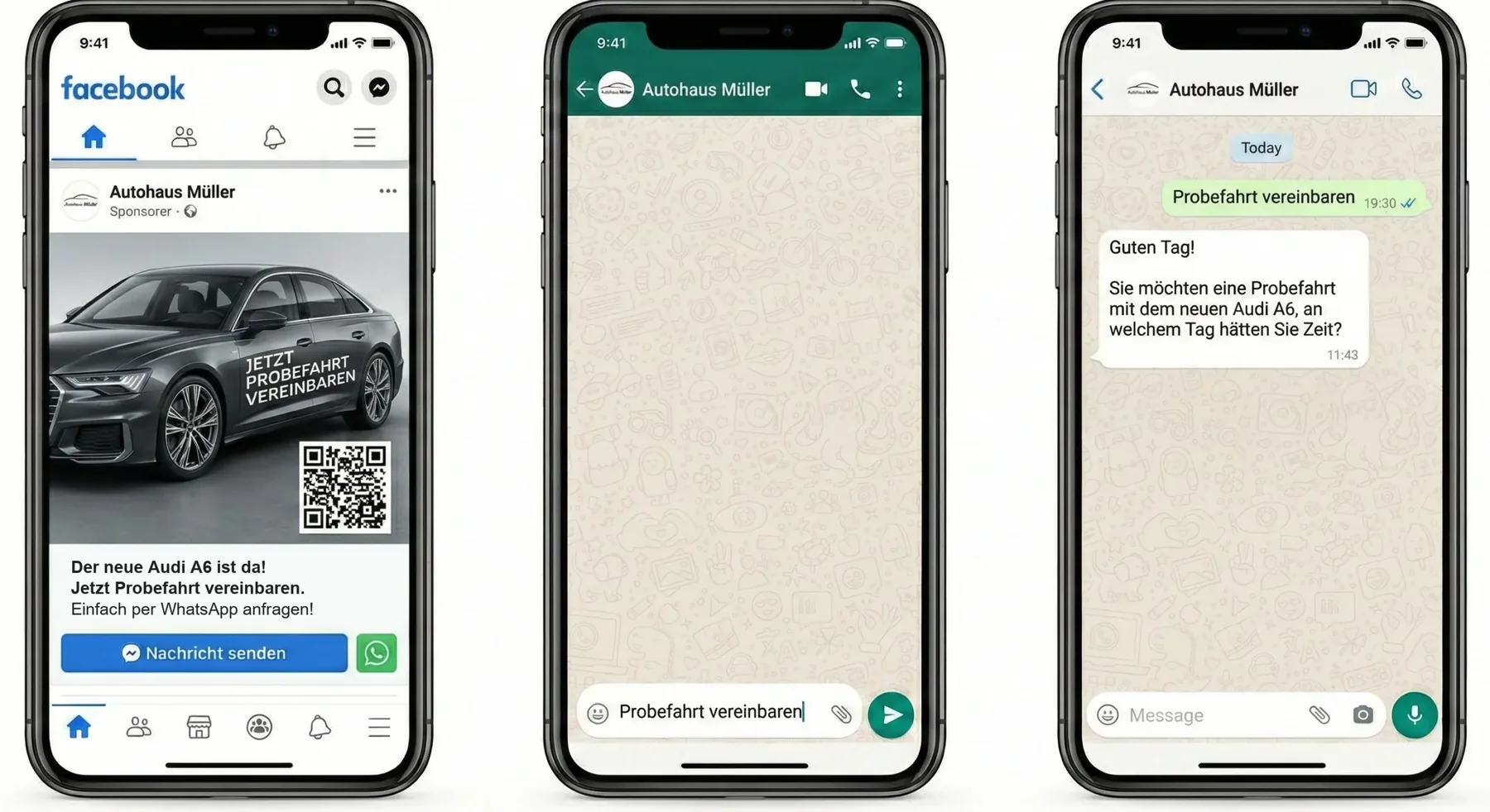 Beispiel Autohaus: Facebook-Anzeige zur Probefahrt, ein Klick öffnet WhatsApp, der KI-Assistent fragt nach dem Wunschtag