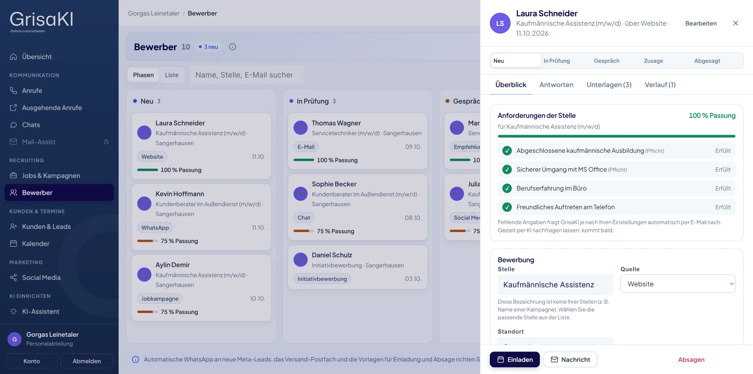 GrisaKI-Portal, Bewerbung im Detail mit Anforderungs-Check (Testdaten)