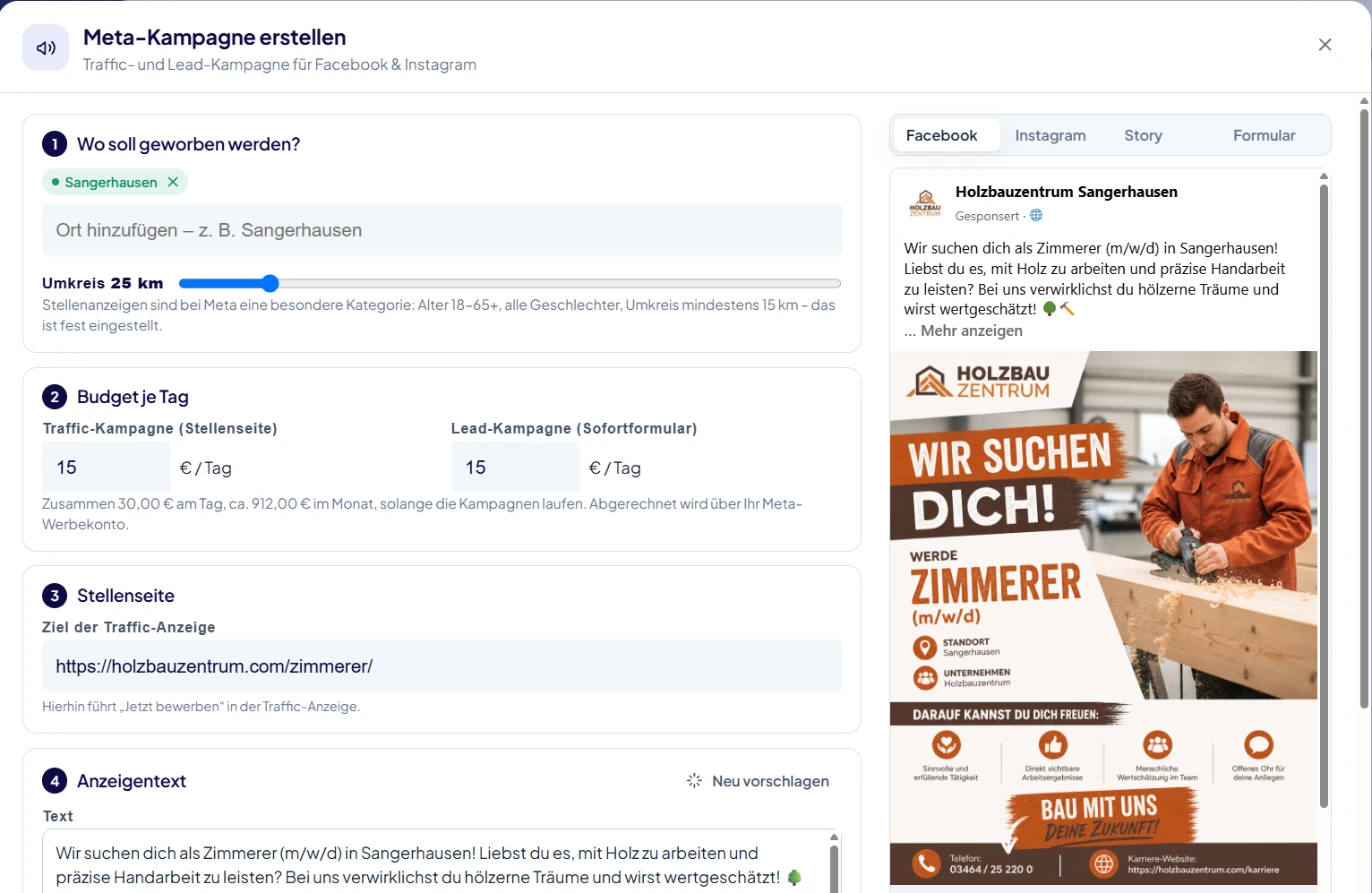 GrisaKI-Portal: Meta-Kampagne erstellen mit Live-Vorschau für Facebook, am Beispiel Holzbauzentrum