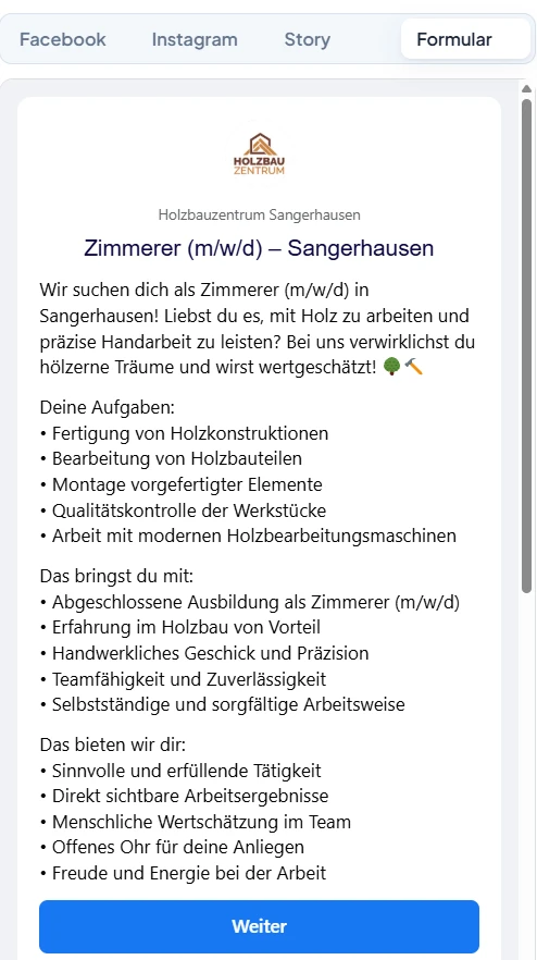 Vorschau des Lead-Formulars mit Stellenbeschreibung
