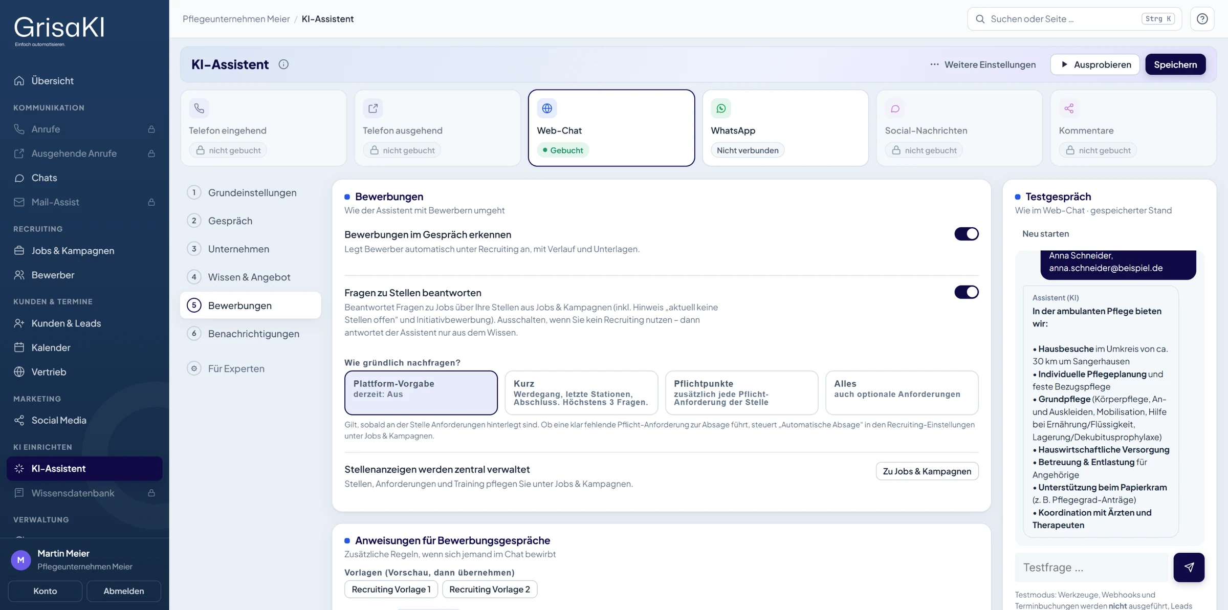 GrisaKI-Portal, KI-Assistent: Einstellungen für Bewerbungen im Chat