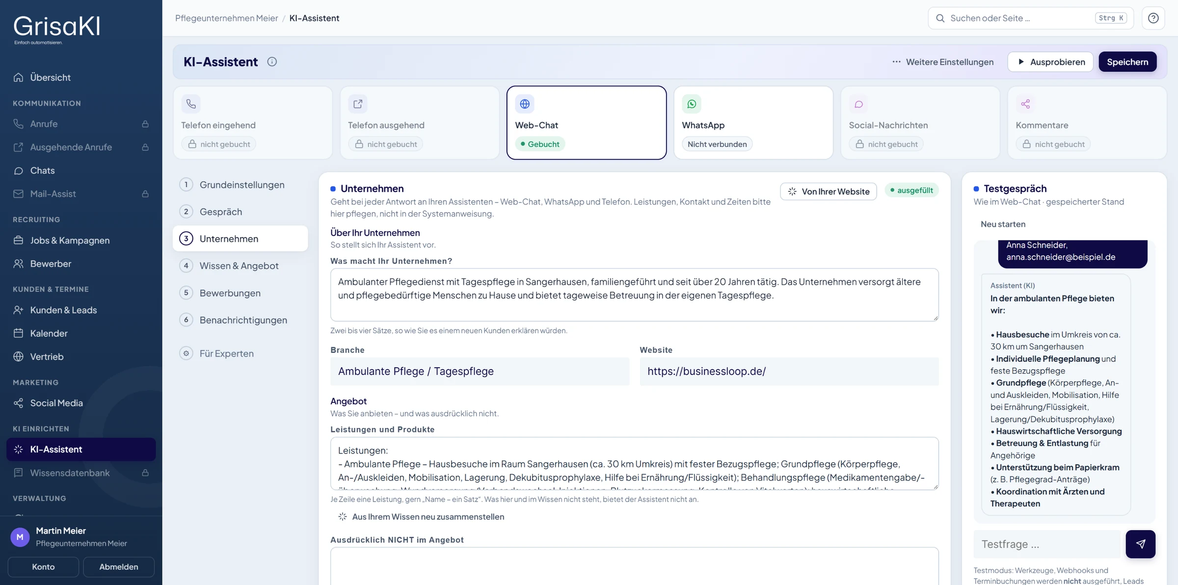 GrisaKI-Portal, KI-Assistent: Angaben zum Unternehmen mit Testgespräch