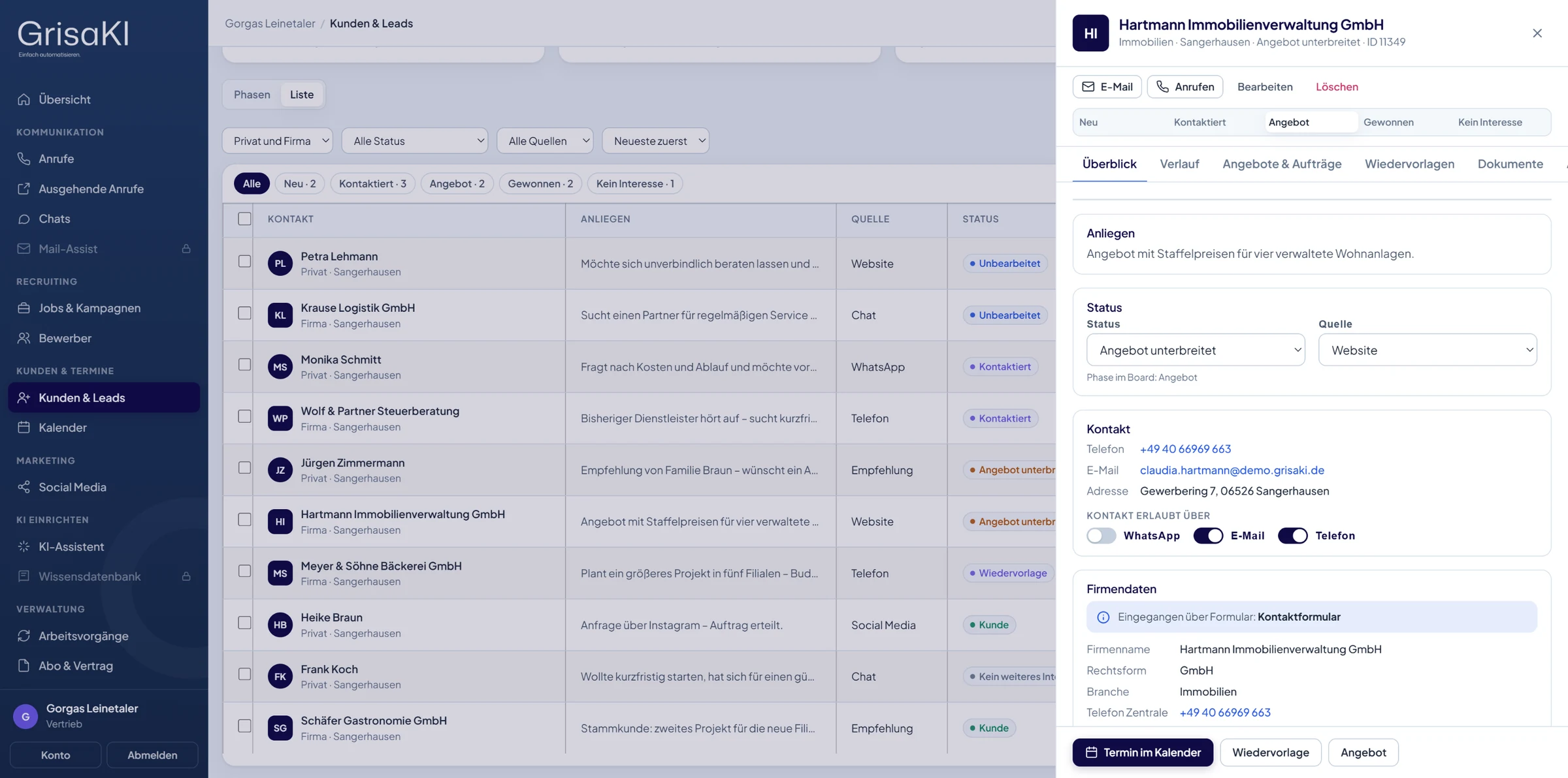 GrisaKI-Portal, Kunden & Leads: Kontakt im Detail (Testdaten)