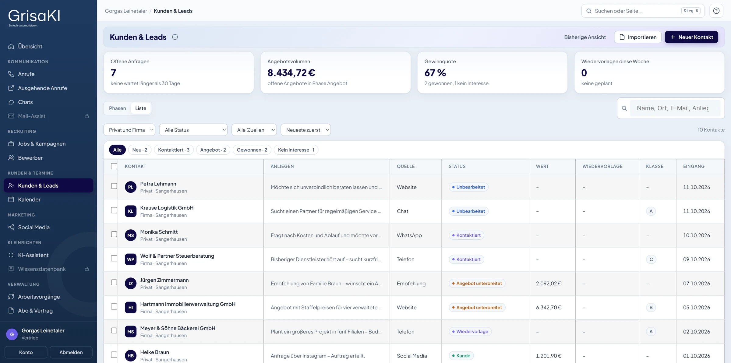 GrisaKI-Portal, Kunden & Leads als Liste (Demo-Daten)