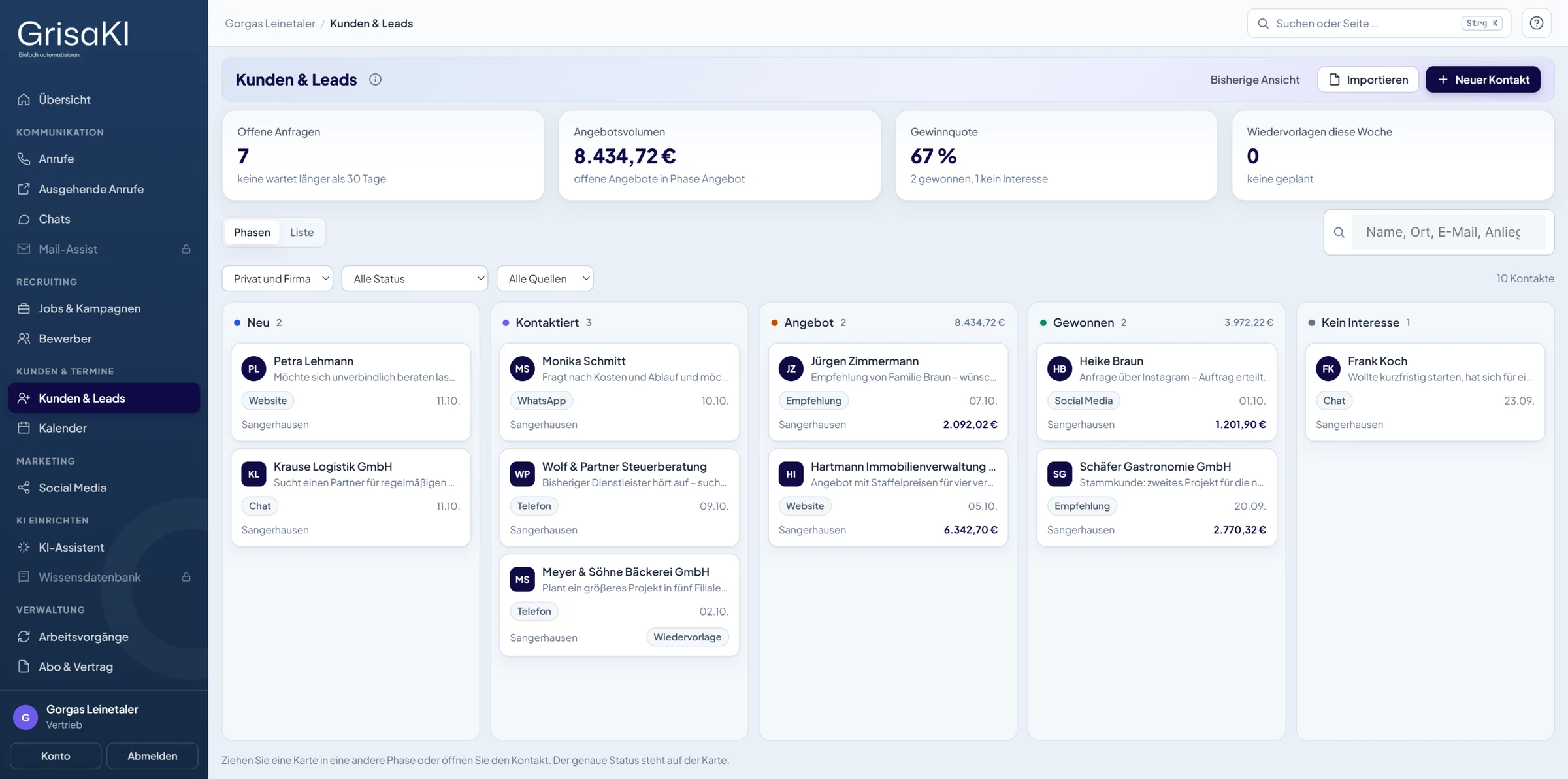 GrisaKI-Portal, Kunden & Leads nach Phasen mit Kennzahlen (Demo-Daten)