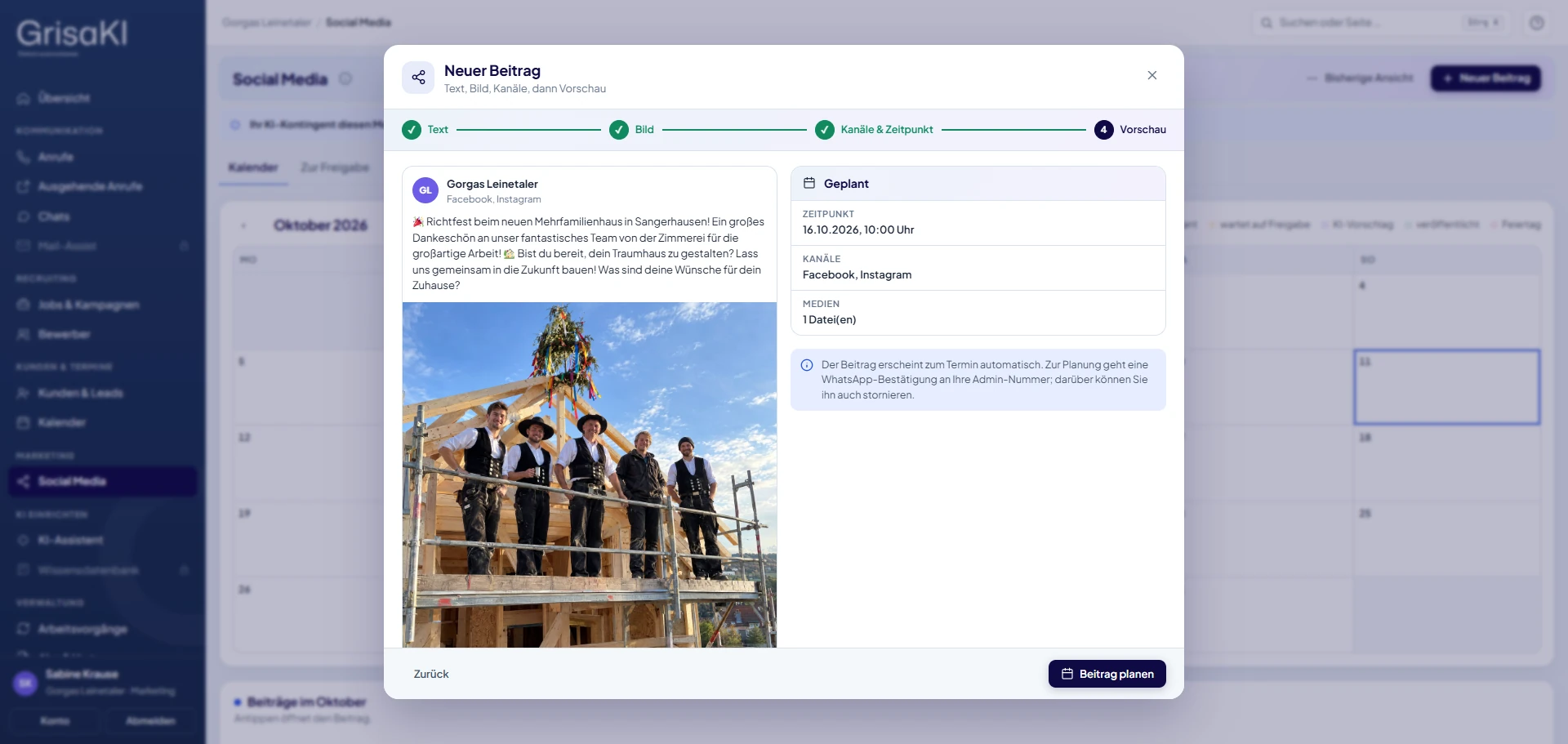 GrisaKI-Portal, Social Media: Vorschau eines neuen Beitrags für Facebook und Instagram