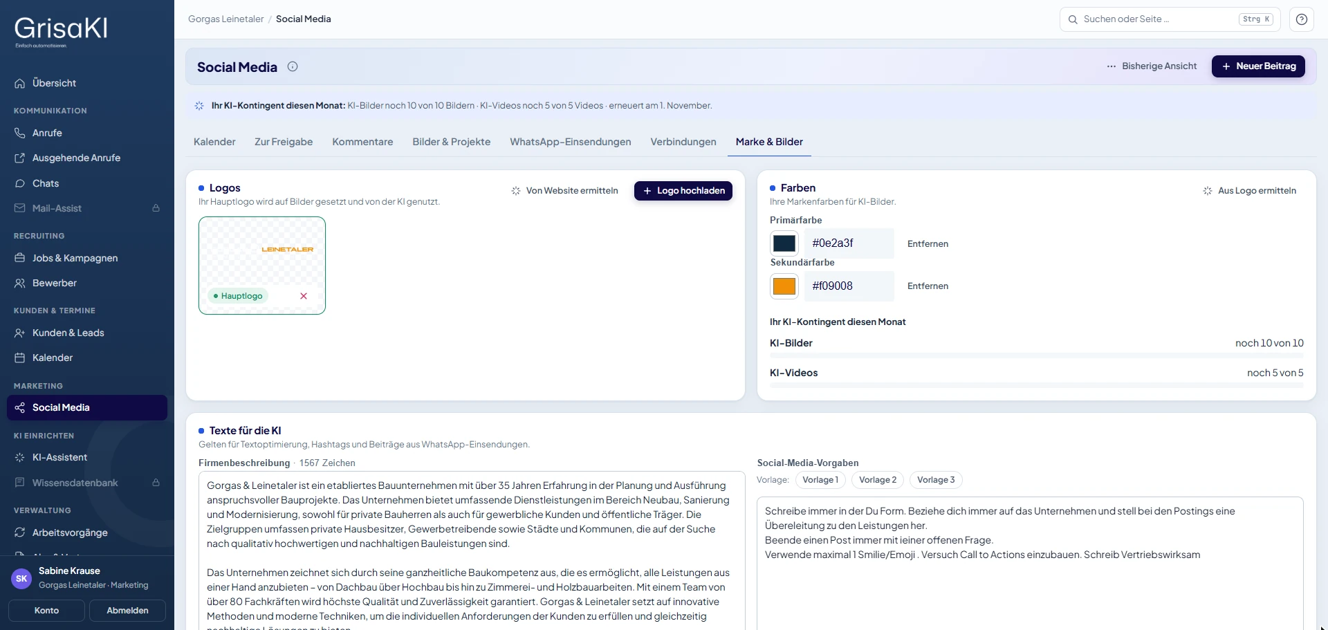 GrisaKI-Portal, Social Media: Logo, Farben, Firmenbeschreibung und Vorgaben für die KI