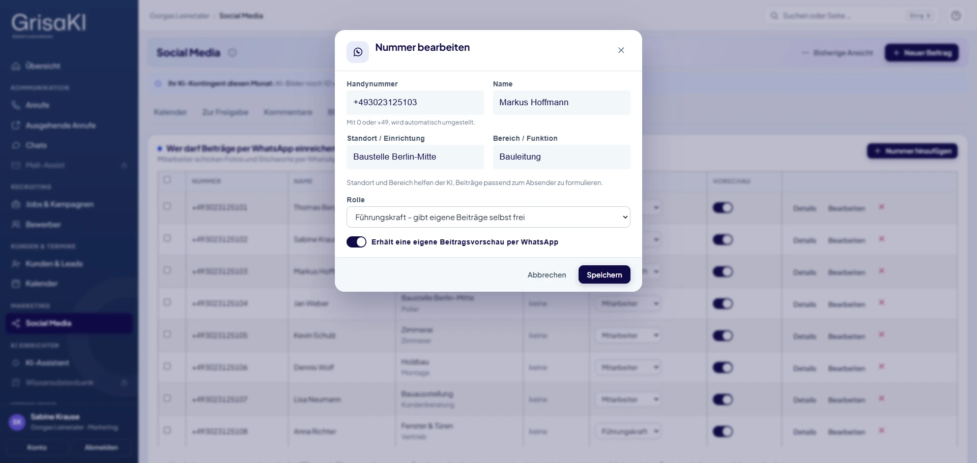 GrisaKI-Portal, Social Media: Nummer bearbeiten mit Standort, Bereich und Rolle (Demo)