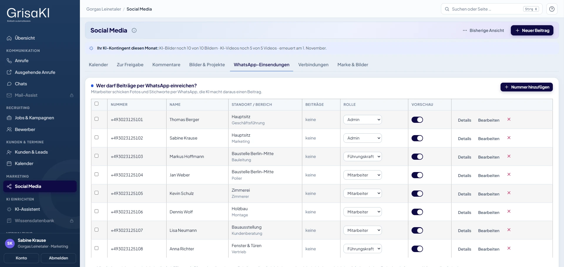 GrisaKI-Portal, Social Media: freigeschaltete Mitarbeiter mit Standort, Bereich und Rolle (Demo-Mitarbeiter)