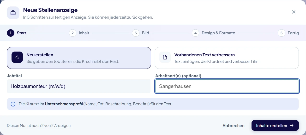 GrisaKI-Portal, neue Stellenanzeige Schritt 1: Jobtitel und Arbeitsort