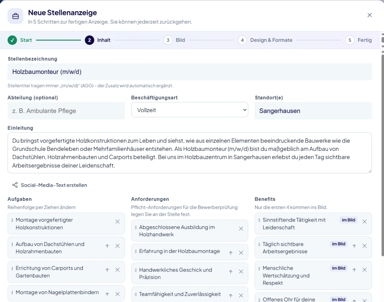 GrisaKI-Portal, neue Stellenanzeige Schritt 2: von der KI geschriebene Inhalte