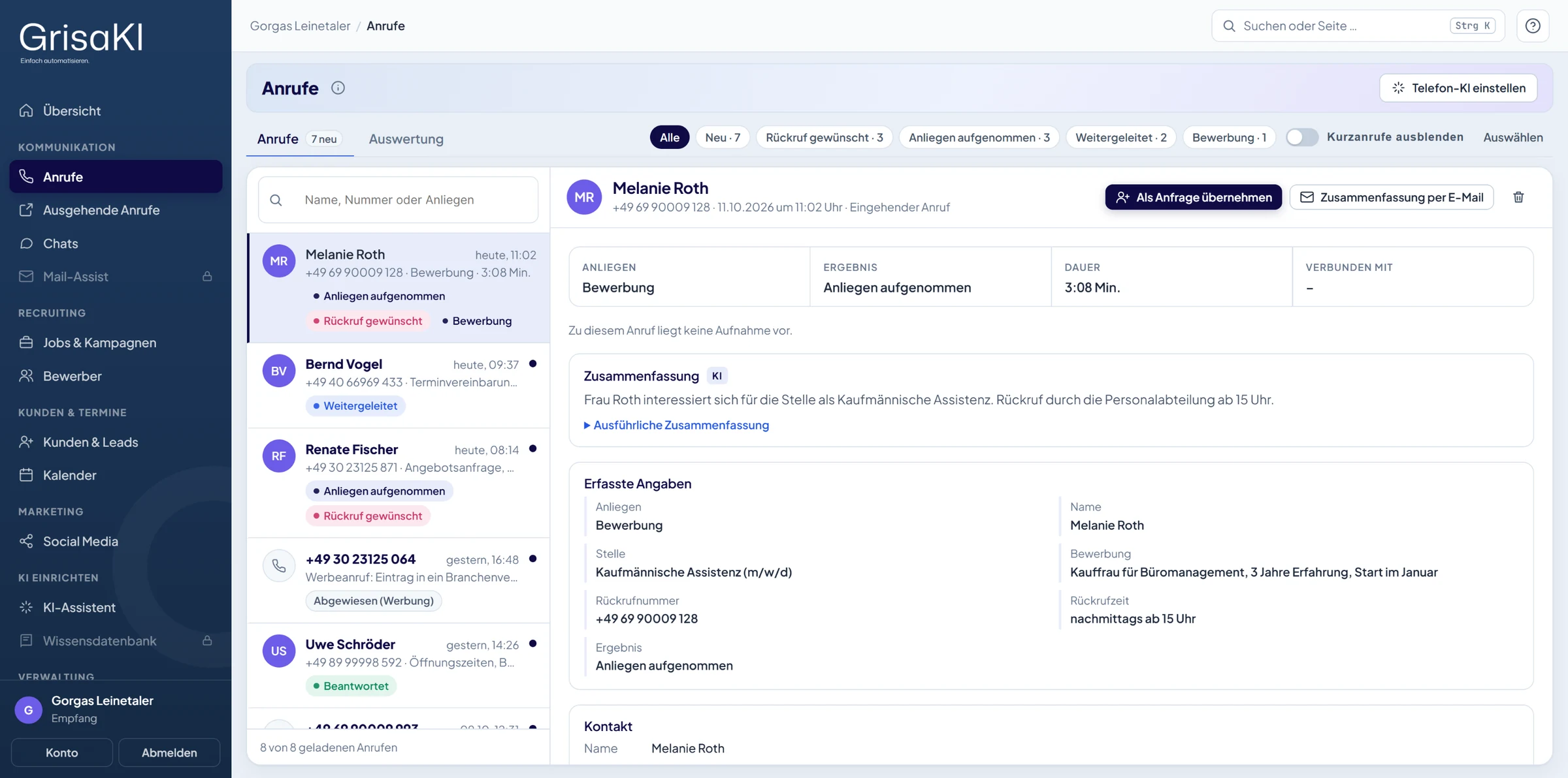 GrisaKI-Portal, Anrufe: geöffneter Anruf mit Zusammenfassung und erfassten Angaben (Testdaten)